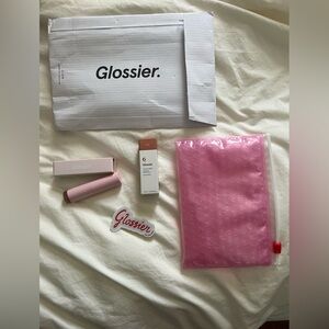 Glossier set 2 G Suit lip glosses, 1 Cloud paint, pouch w/ sticker